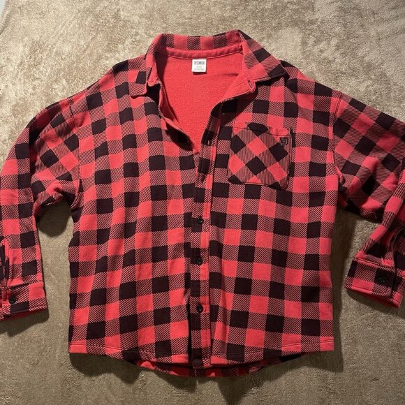 Victoria Secret PINK Shirt M Black Red Checkered Buffalo Plaid Fleece Oversized - Picture 1 of 8